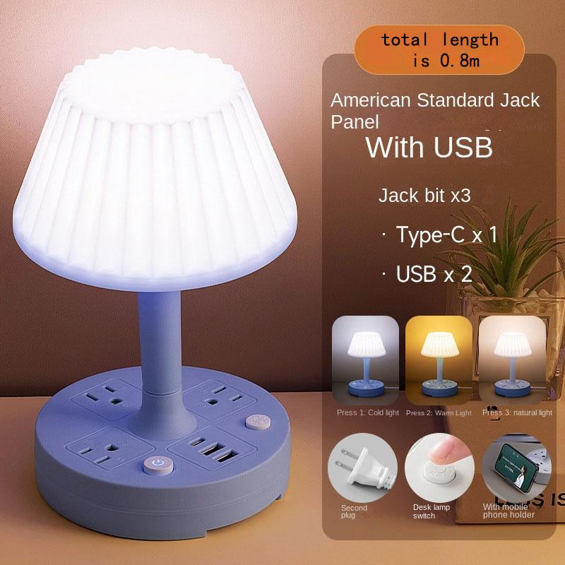 USB Socket Table Lamp , AC Outlets + USB Charging Ports, All-In-One Design Multiple Functions Dimmable Small Reading Desk Lamp , Eye Care LED Nightstand Light for Home Office Dorm Bedside 0.8M Phone Holder