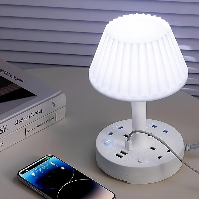 USB Socket Table Lamp , AC Outlets + USB Charging Ports, All-In-One Design Multiple Functions Dimmable Small Reading Desk Lamp , Eye Care LED Nightstand Light for Home Office Dorm Bedside 0.8M Phone Holder