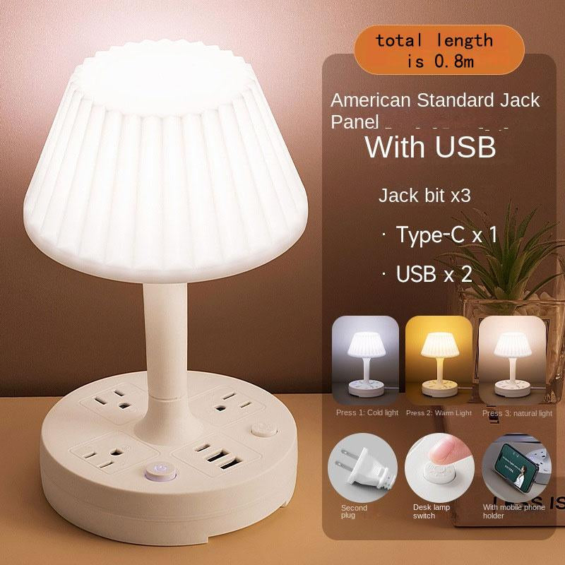 USB Socket Table Lamp , AC Outlets + USB Charging Ports, All-In-One Design Multiple Functions Dimmable Small Reading Desk Lamp , Eye Care LED Nightstand Light for Home Office Dorm Bedside 0.8M Phone Holder