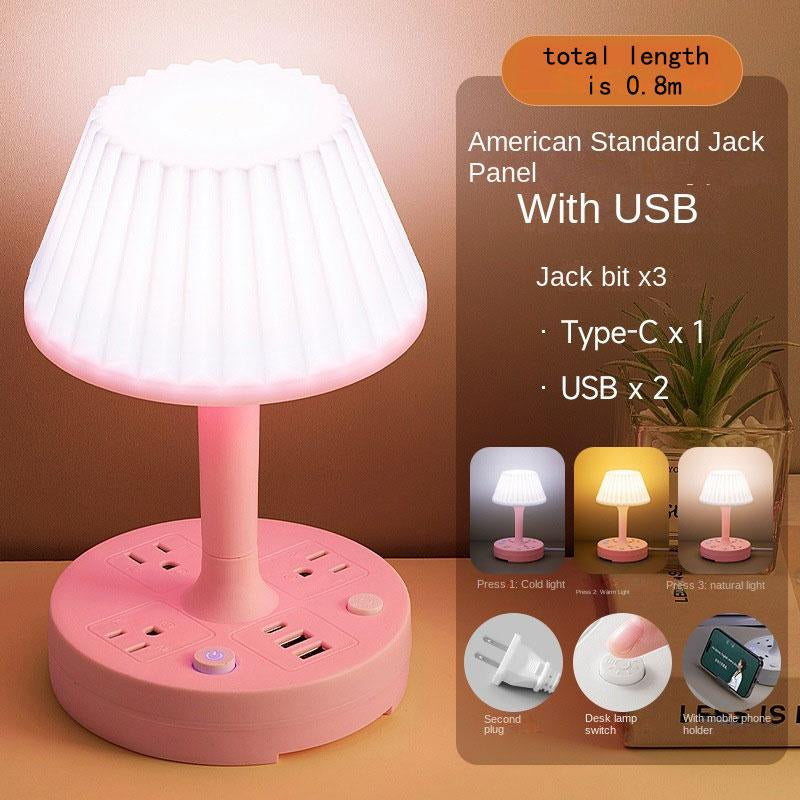 USB Socket Table Lamp , AC Outlets + USB Charging Ports, All-In-One Design Multiple Functions Dimmable Small Reading Desk Lamp , Eye Care LED Nightstand Light for Home Office Dorm Bedside 0.8M Phone Holder