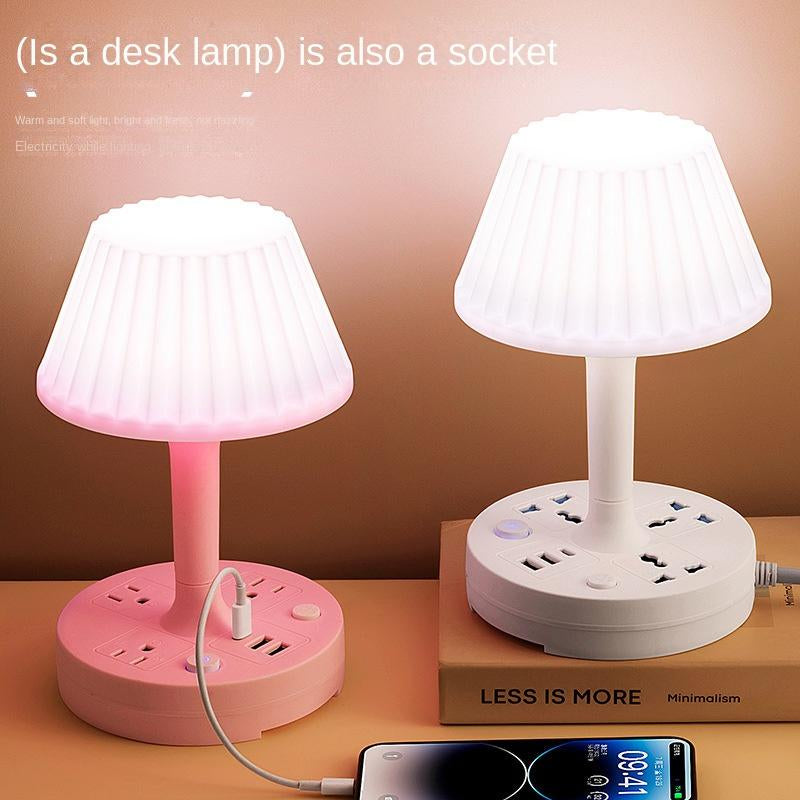 USB Socket Table Lamp , AC Outlets + USB Charging Ports, All-In-One Design Multiple Functions Dimmable Small Reading Desk Lamp , Eye Care LED Nightstand Light for Home Office Dorm Bedside 0.8M Phone Holder