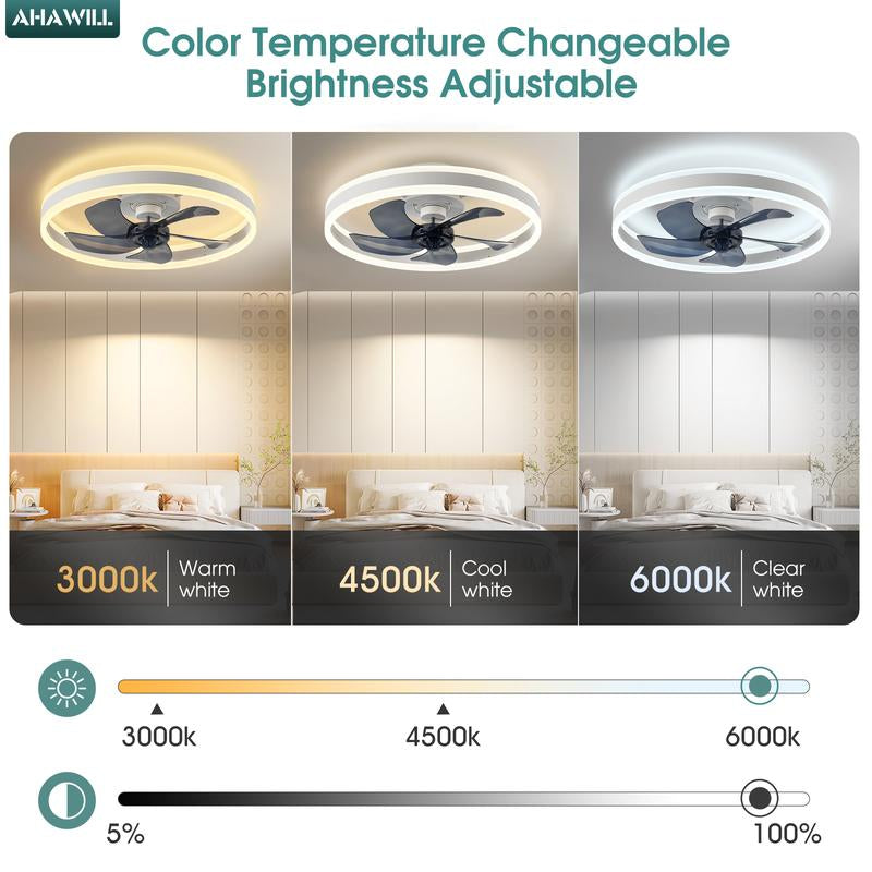AHAWILL Fandelier Ceiling Fans with Lights and Remote,Low Profile Dimmable Ceiling Fan,Brushed Black Flush Mount Ceiling Fan for Bedroom,Living Room